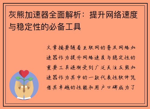 灰熊加速器全面解析:提升网络速度与稳定性的必备工具 灰熊加速器全面解析:提升网络速度与稳定性的必备工具